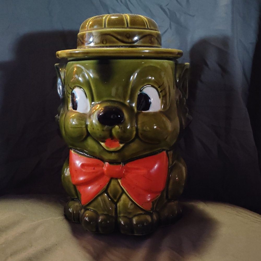Charming Green and Red Ceramic Dog Cookie Jar